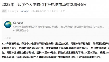 机构:2025年印度个人电脑和平板电脑市场有望增长6%