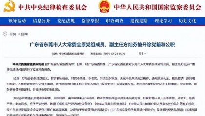 广东省东莞市人大常委会原党组成员、副主任方灿芬被“双开”