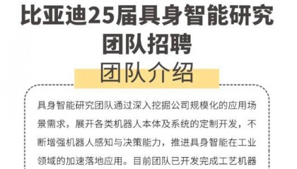 发力具身智能,比亚迪也在加力!最新招聘人才研究方向涉及人形机器人等