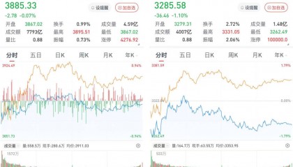 A股三大股指震荡收跌：银行板块再度上行，两市成交1.6万亿元