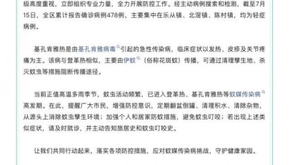 佛山顺德确诊478例基孔肯雅热,均为轻症病例