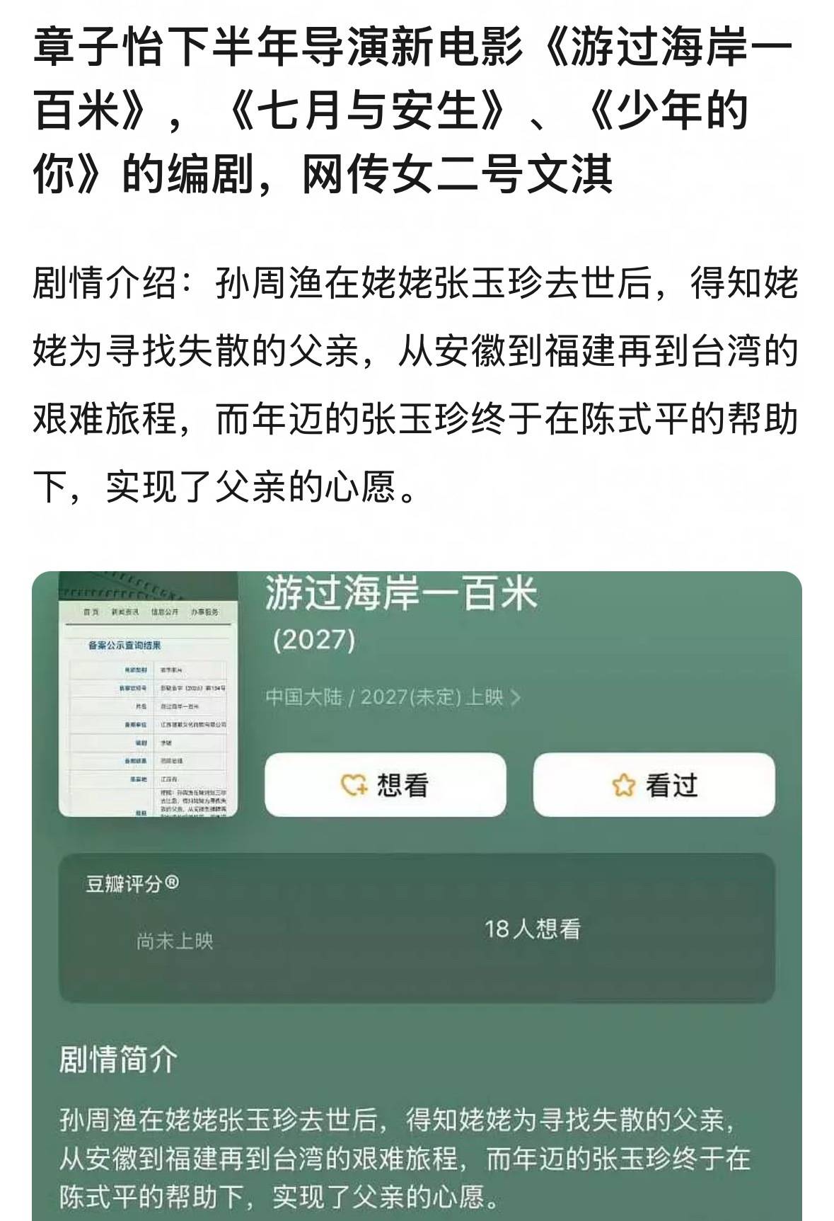 章子怡执导的首部长篇电影《游过海岸一百米》公布立项！网传文淇将出演女二号